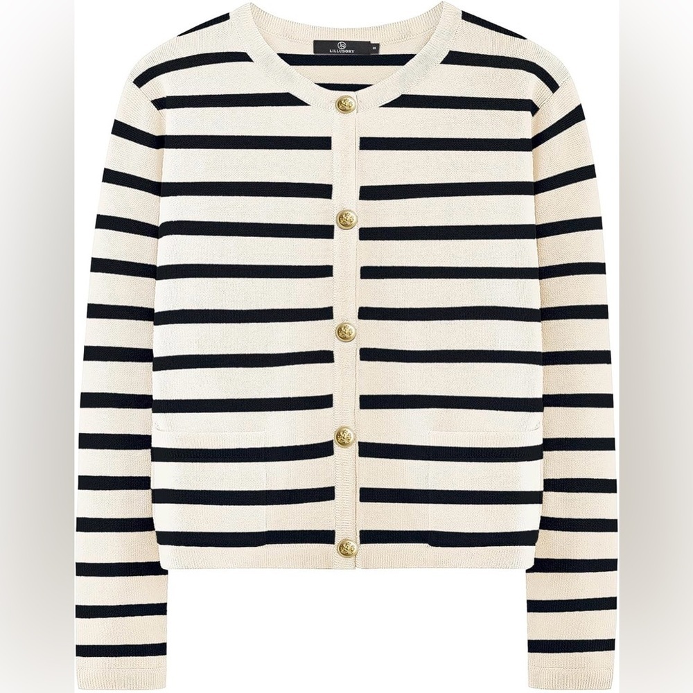 Striped Knit Cardigan with Gold Buttons - Apricot and Black - Picture 2 of 12